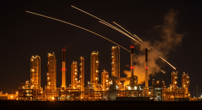 Una raffineria petrolifera di notte minacciata da missili nel cielo, immagine simbolo della guerra energetica in corso.