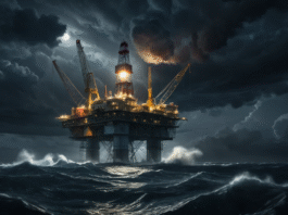 Piattaforma energetica offshore di notte in un mare in tempesta, che simboleggia il ruolo di Israele come hub energetico in mezzo al conflitto mediorientale.