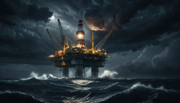 Piattaforma energetica offshore di notte in un mare in tempesta, che simboleggia il ruolo di Israele come hub energetico in mezzo al conflitto mediorientale.