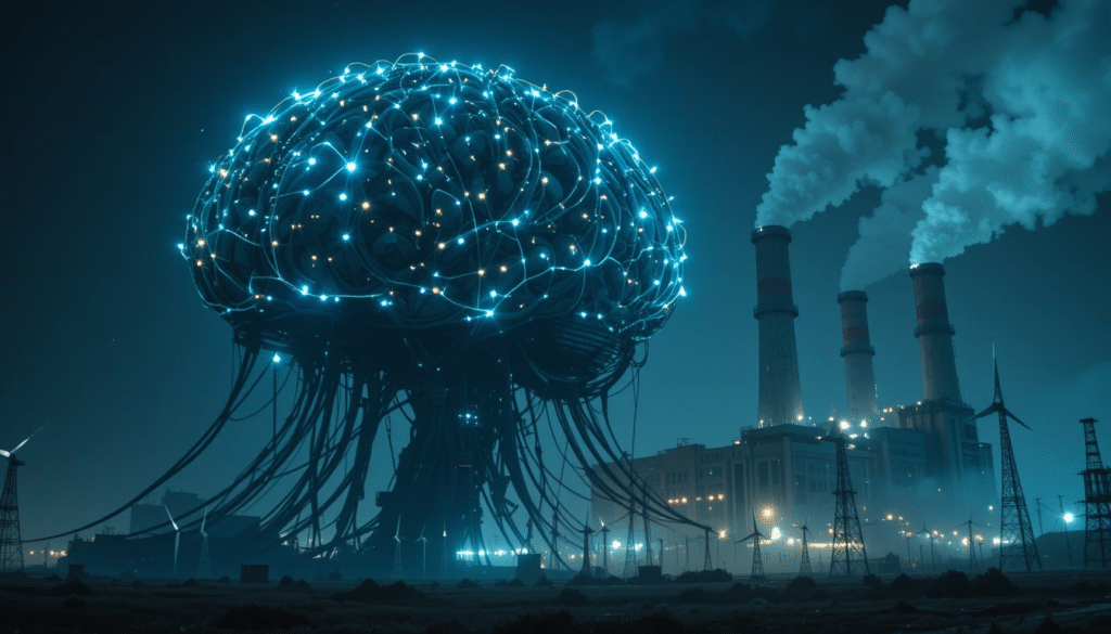 Un'enorme intelligenza artificiale, rappresentata come un cervello di circuiti, assorbe energia da una centrale a combustibili fossili, mentre le pale eoliche sono in rovina.
