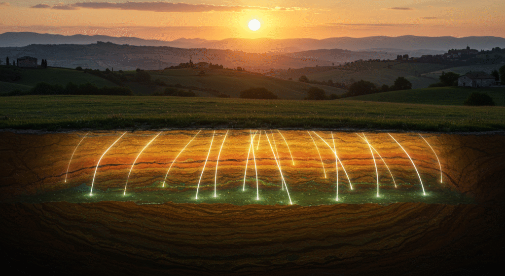 Illustrazione di rocce ofiolitiche nel sottosuolo del Nord Italia che rilasciano idrogeno bianco, simbolo di nuova energia pulita.