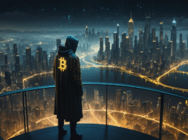 Illustrazione di una figura enigmatica composta da codice binario che osserva una città futuristica attraversata da flussi di dati dorati, a simboleggiare l'impatto di Satoshi Nakamoto.
