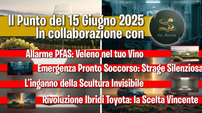 Copertina del podcast di Velaliter del 15 giugno 2025 con i titoli delle notizie: Allarme PFAS, Emergenza Pronto Soccorso, Scultura Invisibile, Rivoluzione Ibridi Toyota.