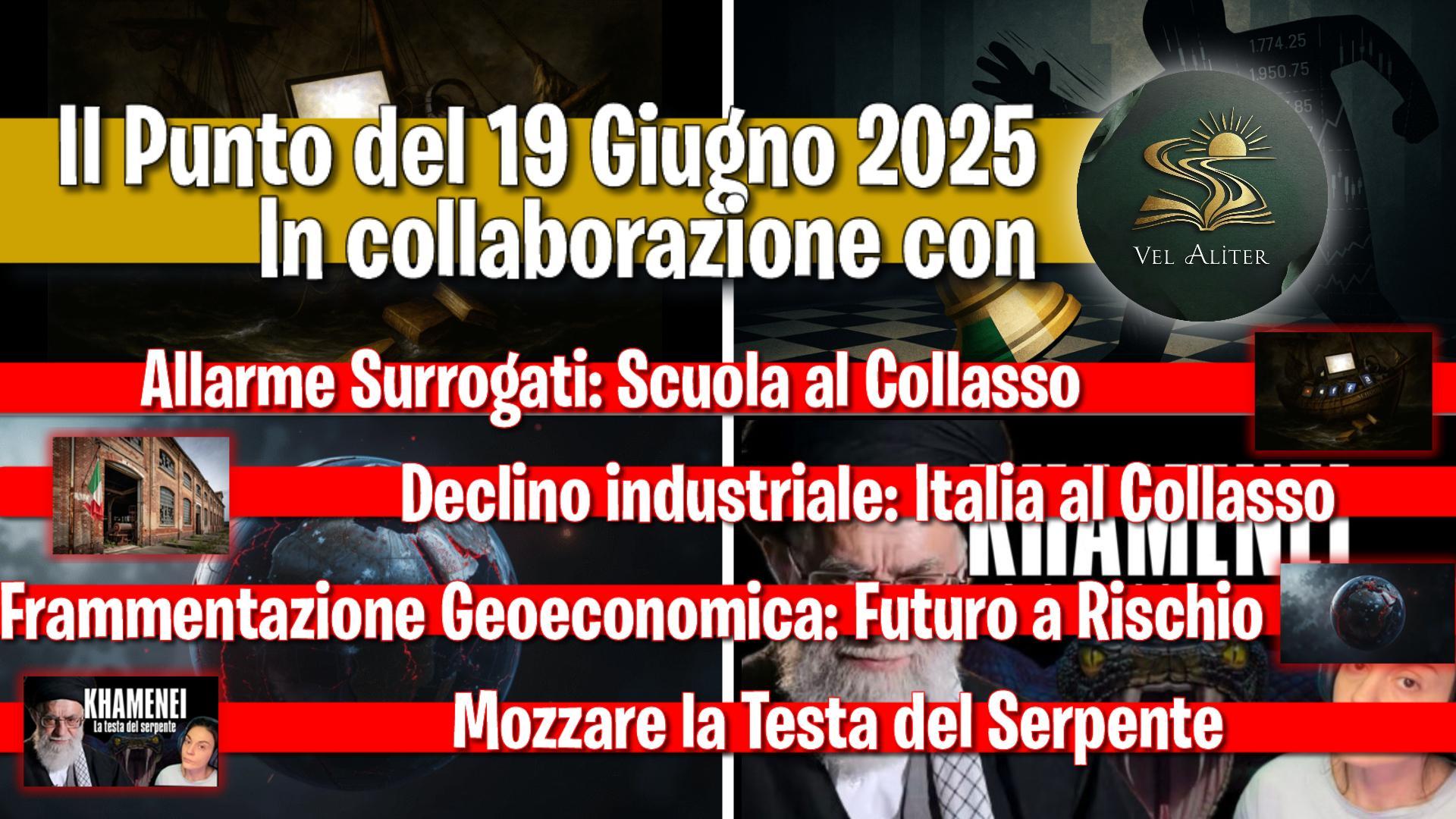 Il Punto 19 Giugno 2025: Crisi Globale e Tensioni Geopolitiche Miniatura del podcast Il Punto del 19 Giugno 2025 che elenca i temi della puntata: crisi della scuola, declino industriale italiano, frammentazione geoeconomica e tensioni in Medio Oriente con l'Iran.