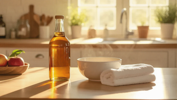 Ingredienti per preparare un impacco con aceto di mele per la febbre: aceto, acqua e un asciugamano.