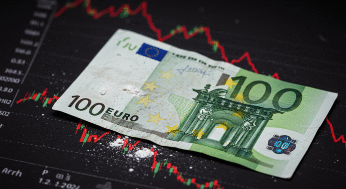 Banconota da cento euro macchiata di polvere bianca sopra un grafico finanziario in rosso a simboleggiare l'impatto negativo della cocaina sull'economia.