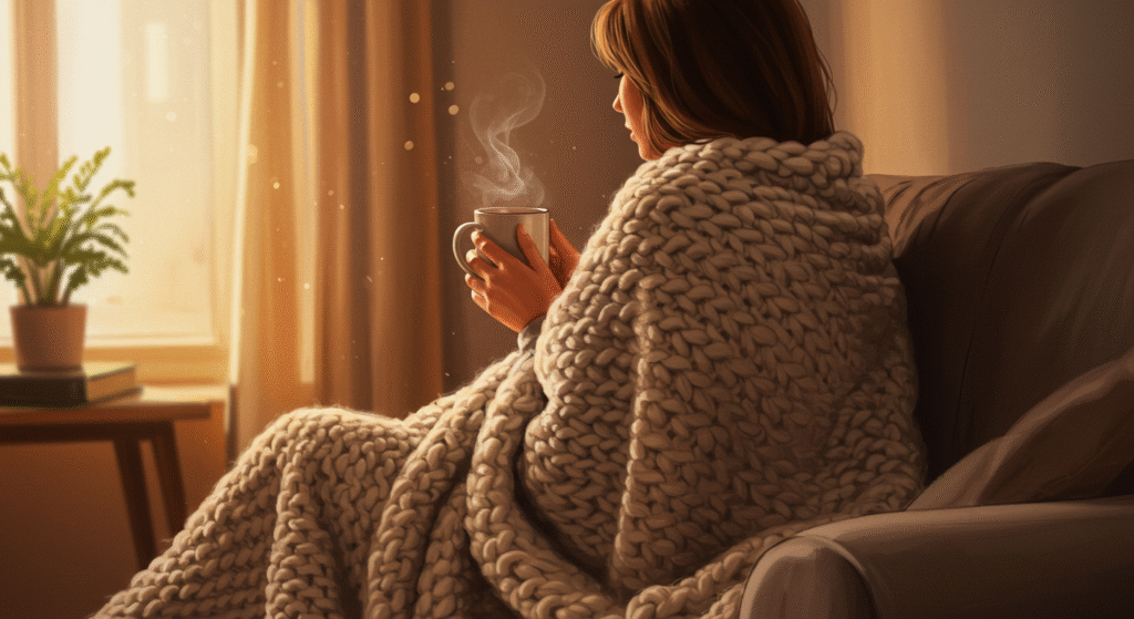 Donna che si riposa su un divano con una coperta e una bevanda calda, a rappresentare il sollievo e il comfort necessari durante la cistite.
