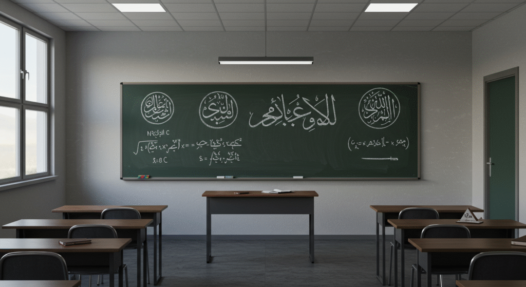 Un'aula vuota con una lavagna su cui sono disegnati simboli della sharia invece di lezioni tradizionali.