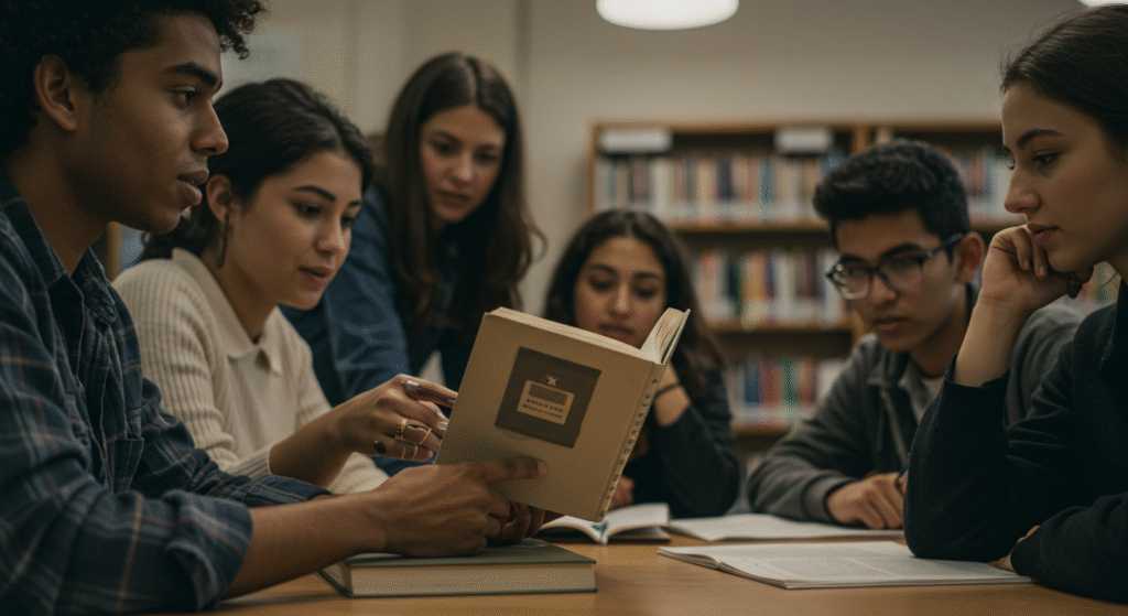 Gruppo di attivisti che si informa sulla questione palestinese leggendo un libro, simbolo dell'importanza della conoscenza per agire.