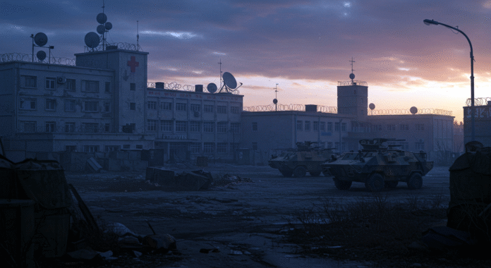 Immagine di un ospedale con elementi militari che simboleggia la militarizzazione delle infrastrutture civili prevista da Readiness 2030.