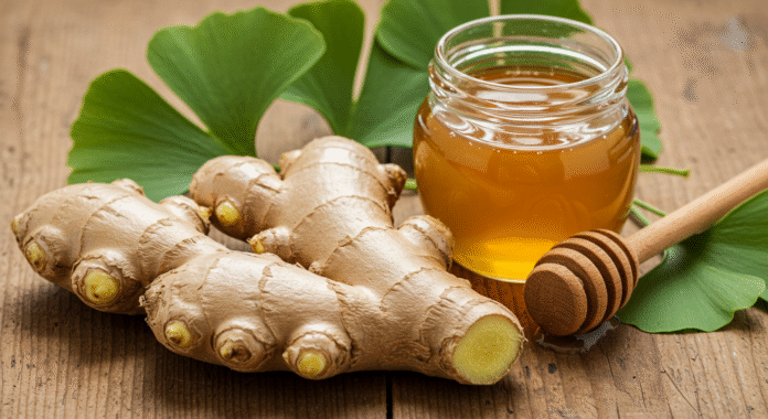 Ingredienti per l'infuso contro le vertigini: radice di zenzero, foglie di ginkgo biloba e miele su un tavolo di legno.