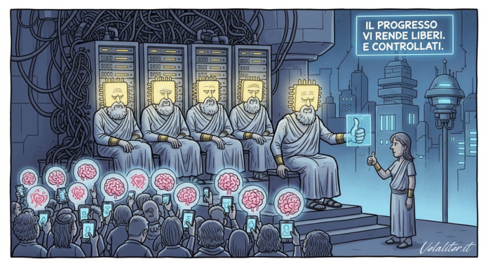 Vignetta satirica sulla tecnocrazia: saggi con teste di microchip sul trono di server ricevono dati personali da una folla ipnotizzata da smartphone.