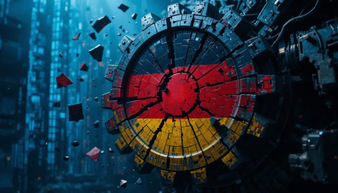 Ingranaggio con la bandiera della Germania rotto in più parti, a simboleggiare il fallimento tedesco nel progetto di gigafactory per l'intelligenza artificiale.