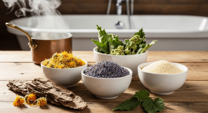 Ingredienti naturali per un bagno lenitivo contro il prurito intimo, tra cui calendula, lavanda e avena.