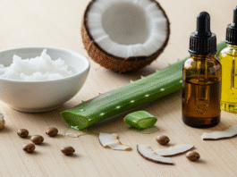 Ingredienti naturali per la ricrescita dei capelli disposti su un tavolo di legno: olio di cocco, aloe vera e olio di ricino.