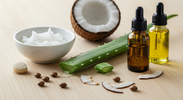 Ingredienti naturali per la ricrescita dei capelli disposti su un tavolo di legno: olio di cocco, aloe vera e olio di ricino.