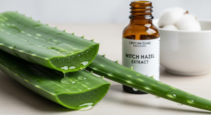 Ingredienti per il rimedio naturale contro le emorroidi: una foglia di Aloe Vera con gel e una boccetta di Amamelide.