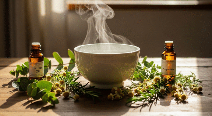 Ingredienti per il rimedio naturale contro la rinite cronica, con ciotola fumante, eucalipto, rosmarino e oli essenziali.