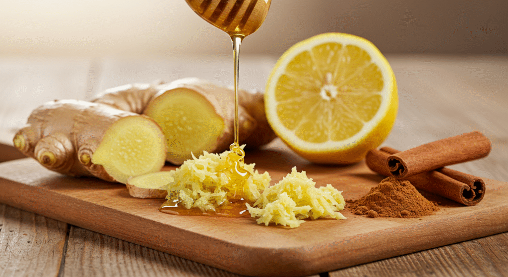 Ingredienti per il rimedio naturale contro la tosse: miele, limone, zenzero e cannella.