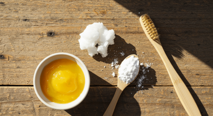 Ingredienti per preparare una pasta sbiancante naturale: una ciotola con curcuma e olio di cocco, bicarbonato e uno spazzolino in bambù.