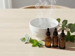 Ingredienti per suffumigi contro la sinusite: ciotola con acqua e boccette di oli essenziali di eucalipto, menta e tea tree.