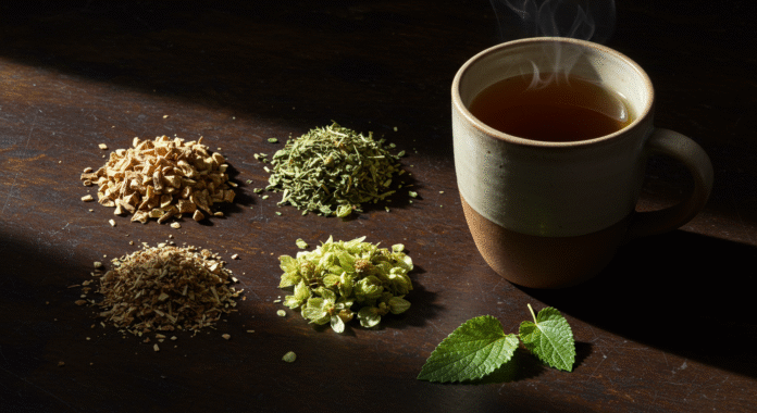 Ingredienti per una tisana contro l'insonnia: valeriana, passiflora, luppolo e melissa disposti su un tavolo di legno.