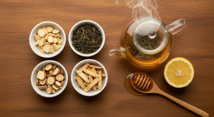 Ingredienti naturali per tisana contro la stanchezza cronica: ginseng, tè verde, astragalo ed eleuterococco disposti su un tavolo di legno.