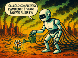 Vignetta satirica di un robot AI che innaffia un fiore di plastica in un deserto inquinato, con ciminiere di server farm sullo sfondo, a simboleggiare l'inquinamento IA.