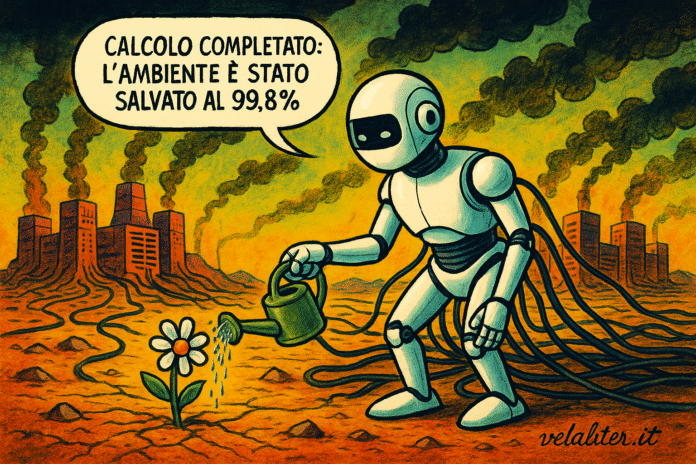 Vignetta satirica di un robot AI che innaffia un fiore di plastica in un deserto inquinato, con ciminiere di server farm sullo sfondo, a simboleggiare l'inquinamento IA.