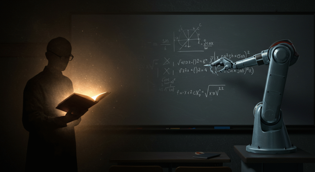 Confronto simbolico in un'aula tra un insegnante umano con un libro luminoso e un braccio robotico, surrogato tecnologico, che scrive su una lavagna digitale.