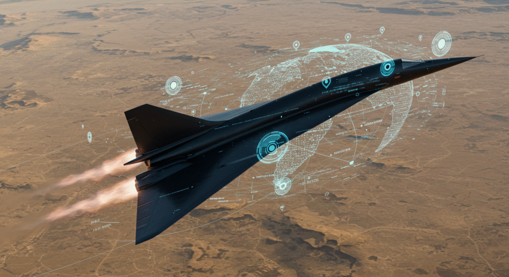 Jet supersonico in volo avvolto da una griglia di dati digitali, simbolo del legame tra tecnologia aerea e sorveglianza geopolitica.