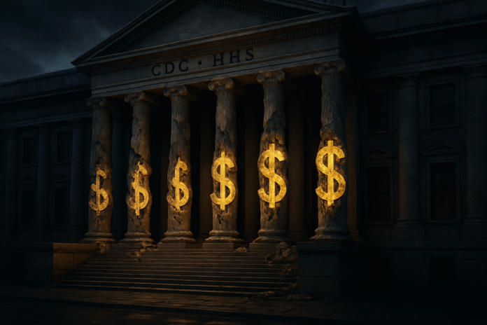 Edificio governativo le cui colonne si sbriciolano, rivelando simboli del dollaro, a simboleggiare la critica di Kennedy ai conflitti d'interesse nell'ACIP.