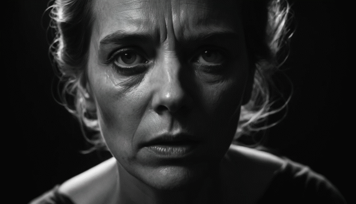 Primo piano in bianco e nero di un volto femminile che esprime profonda malinconia, simbolo della ricerca di Ingmar Bergman sull'animo umano.