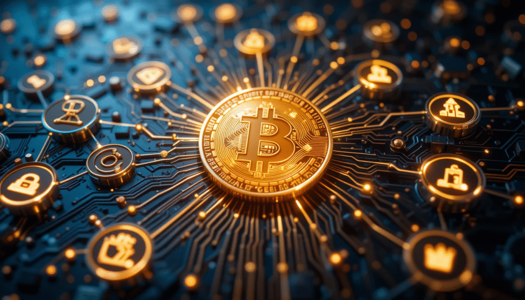 Moneta Bitcoin dorata al centro di una rete neurale digitale, a simboleggiare la rivoluzione tecnologica e finanziaria della Blockchain.
