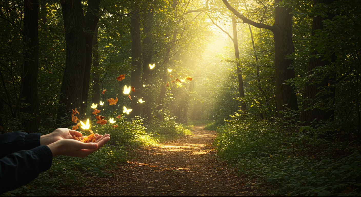 Mani che lasciano andare foglie secche che si trasformano in farfalle luminose in un sentiero nel bosco, simbolo di trasformazione.