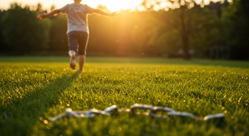 Un bambino corre libero e felice in un campo, a simboleggiare la libertà di scelta e la salute naturale in opposizione all'obbligo delle vaccinazioni pediatriche.