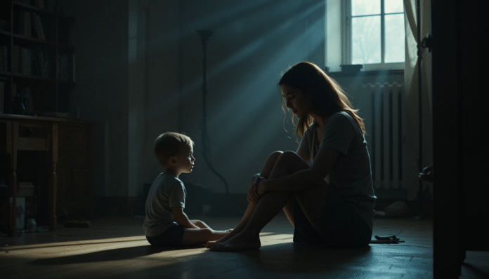 Una madre con sguardo addolorato osserva il figlio piccolo che gioca da solo, simboleggiando il dolore per un figlio danneggiato da vaccino.