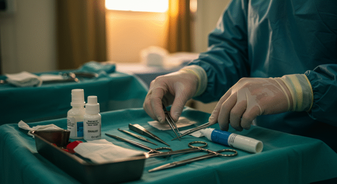 Mani di un medico che preparano con cura strumenti chirurgici e farmaci essenziali in un ospedale da campo.