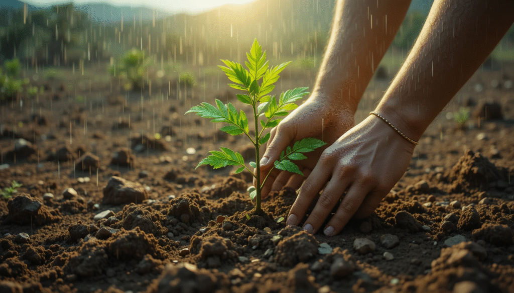 Mani che piantano albero in terra secca con prime gocce di pioggia, simbolo di azione trasformativa
