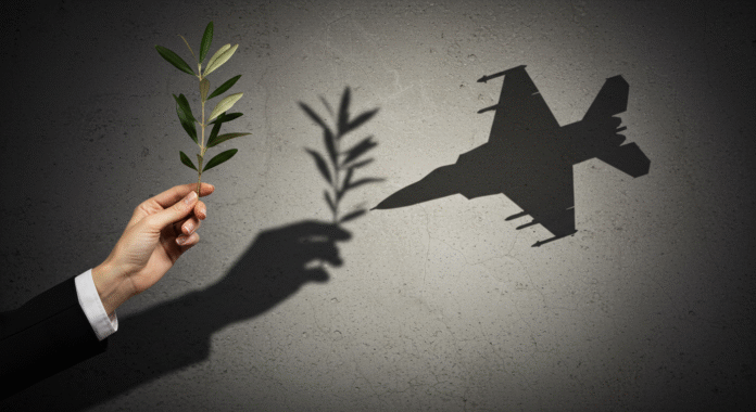 Una mano offre un ramoscello d'ulivo, ma la sua ombra proiettata su un muro è quella di un cacciabombardiere, a simboleggiare l'ipocrisia dell'interventismo.