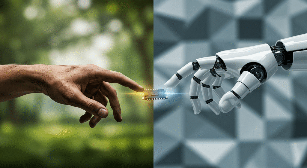 una mano umana e una robotica si incontrano, con la seconda che offre un chip alla prima, simbolo della delega tecnologica all'intelligenza artificiale.