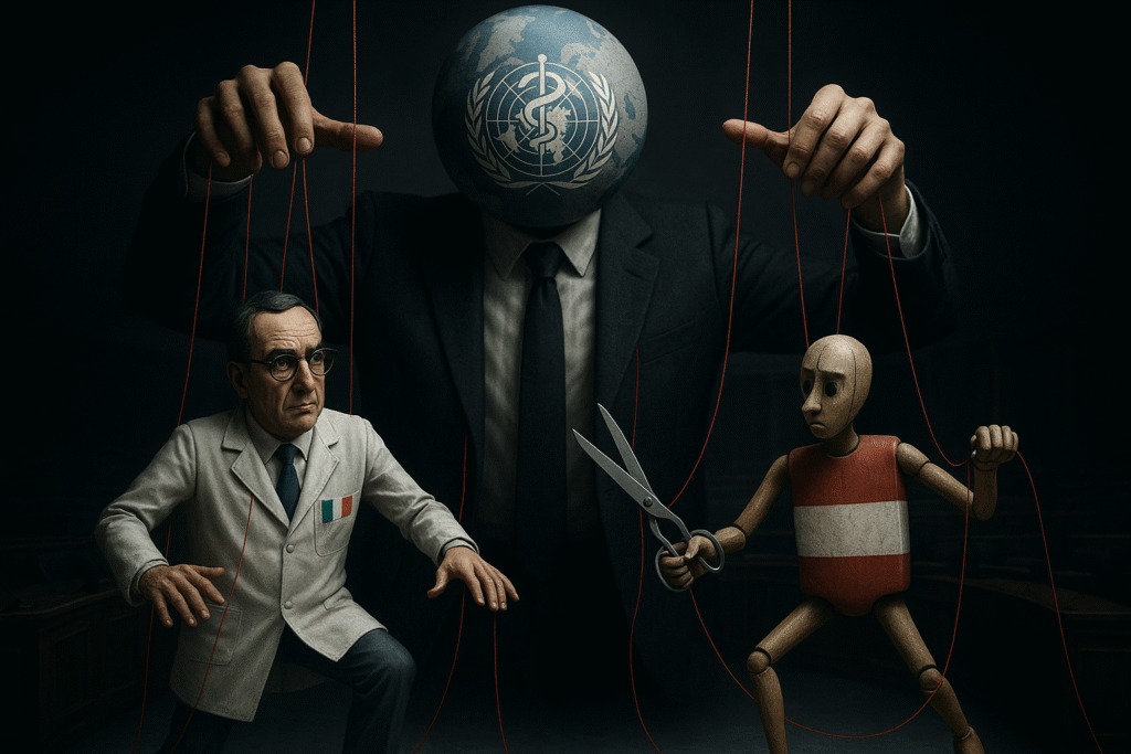 Marionetta che simboleggia l'Italia controllata dall'OMS, mentre l'Austria taglia i fili della sottomissione al Trattato Pandemico.