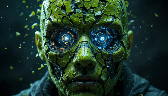 Una maschera di foglie verdi si spezza rivelando al suo interno ingranaggi industriali e componenti di armi high-tech, a simboleggiare il Green Deal come pretesto.