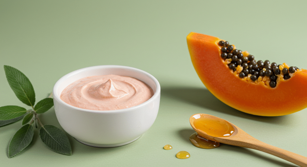 Ciotola con maschera di bellezza a base di Papaya e miele, un rimedio naturale per la pelle e le scottature.