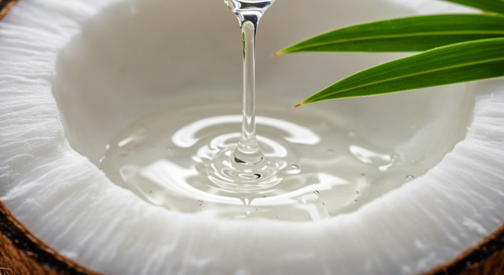 Goccia di olio di cocco che cade sulla polpa, a rappresentare le sue proprietà lenitive e antimicotiche per la candida.