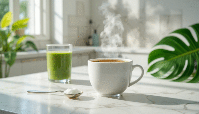 Cucchiaio di olio di cocco su un bancone di cucina, simbolo del suo utilizzo interno come rimedio per la candida.