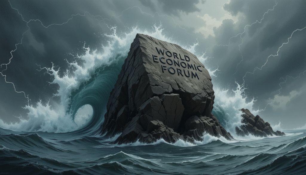 Un'onda scura si infrange su una roccia incisa con "World Economic Forum" e "Potere", simboleggiando la resistenza agli scandali.