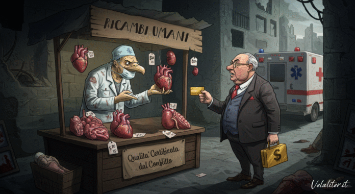 Vignetta satirica sul traffico di organi in Ucraina, con un chirurgo-avvoltoio che vende organi umani a un ricco occidentale in una città bombardata.