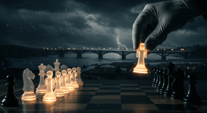 Partita a scacchi metaforica sulla guerra, con pezzi a forma di persone e ponti intatti sullo sfondo.
