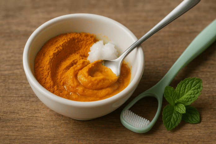 Preparazione della pasta per la pulizia della lingua con curcuma e olio di cocco in una ciotola bianca.